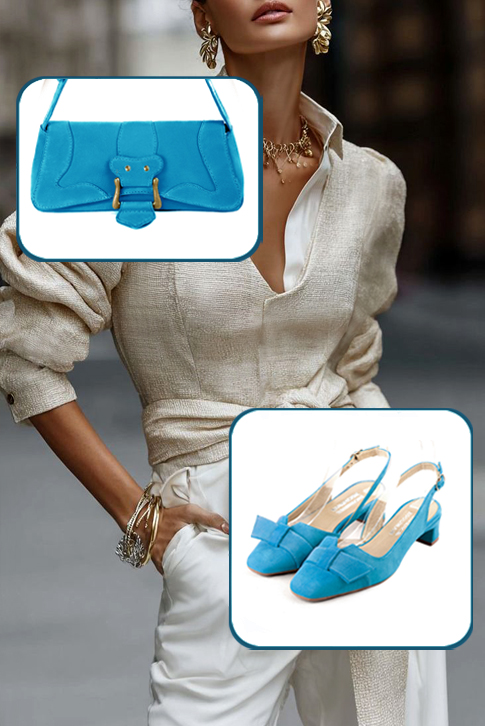 Small dressy baguette bag in turquoise blue leather - Worn view